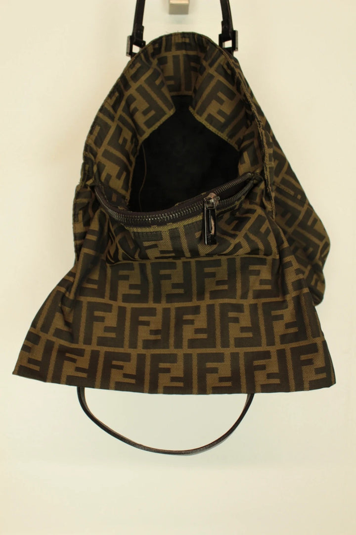 Fendi shopping tote bag brown and black FF monogram jacquard canvas with leather trim.