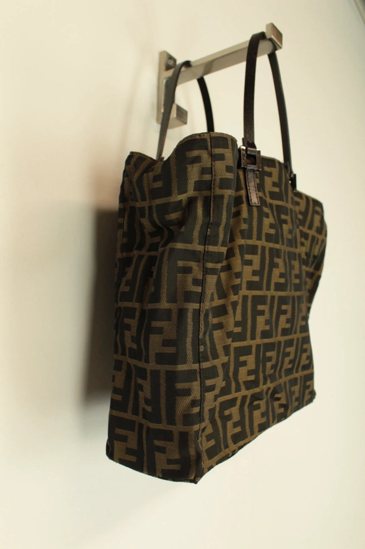 Fendi shopping tote bag brown and black FF monogram jacquard canvas with leather trim.