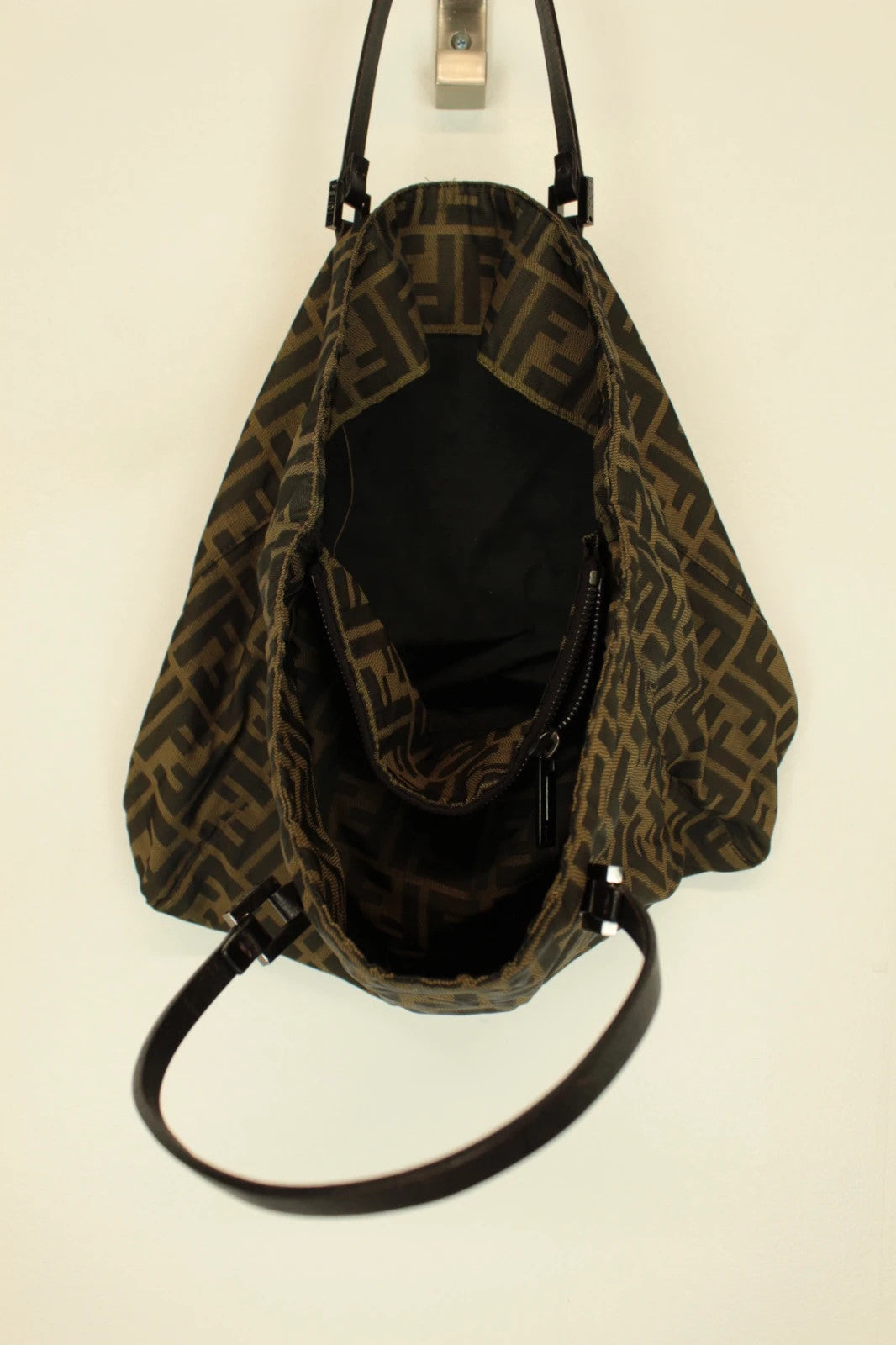 Fendi shopping tote bag brown and black FF monogram jacquard canvas with leather trim.
