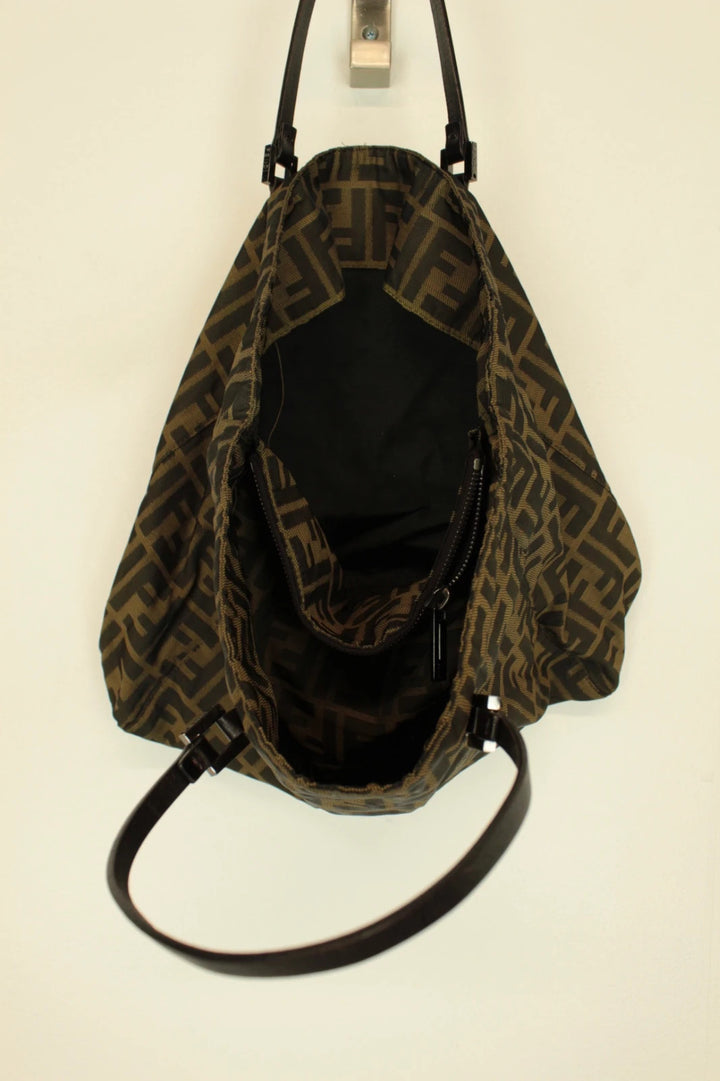 Fendi shopping tote bag brown and black FF monogram jacquard canvas with leather trim.