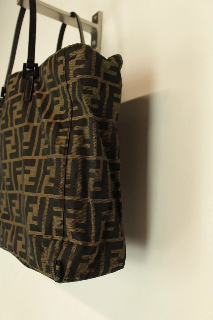 Fendi shopping tote bag brown and black FF monogram jacquard canvas with leather trim.