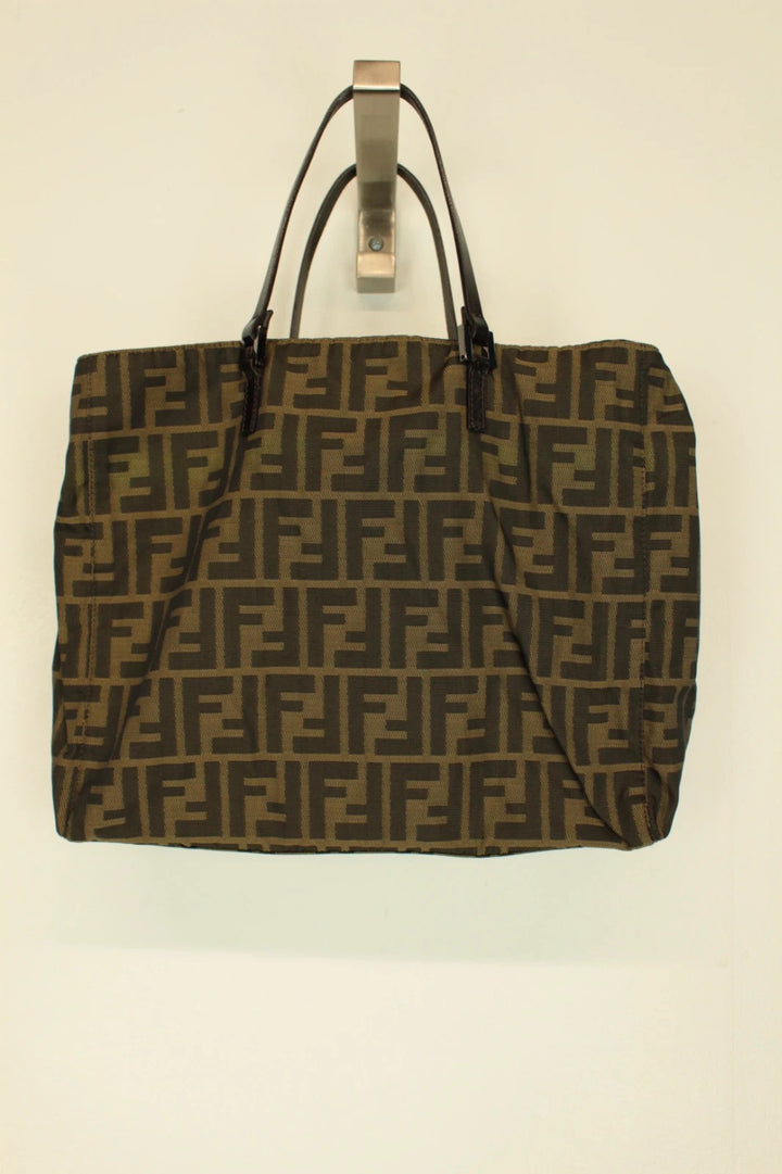 Fendi shopping tote bag brown and black FF monogram jacquard canvas with leather trim.