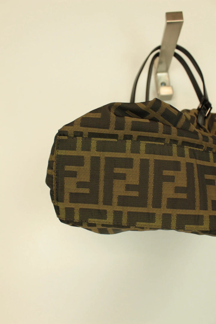 Fendi shopping tote bag brown and black FF monogram jacquard canvas with leather trim.