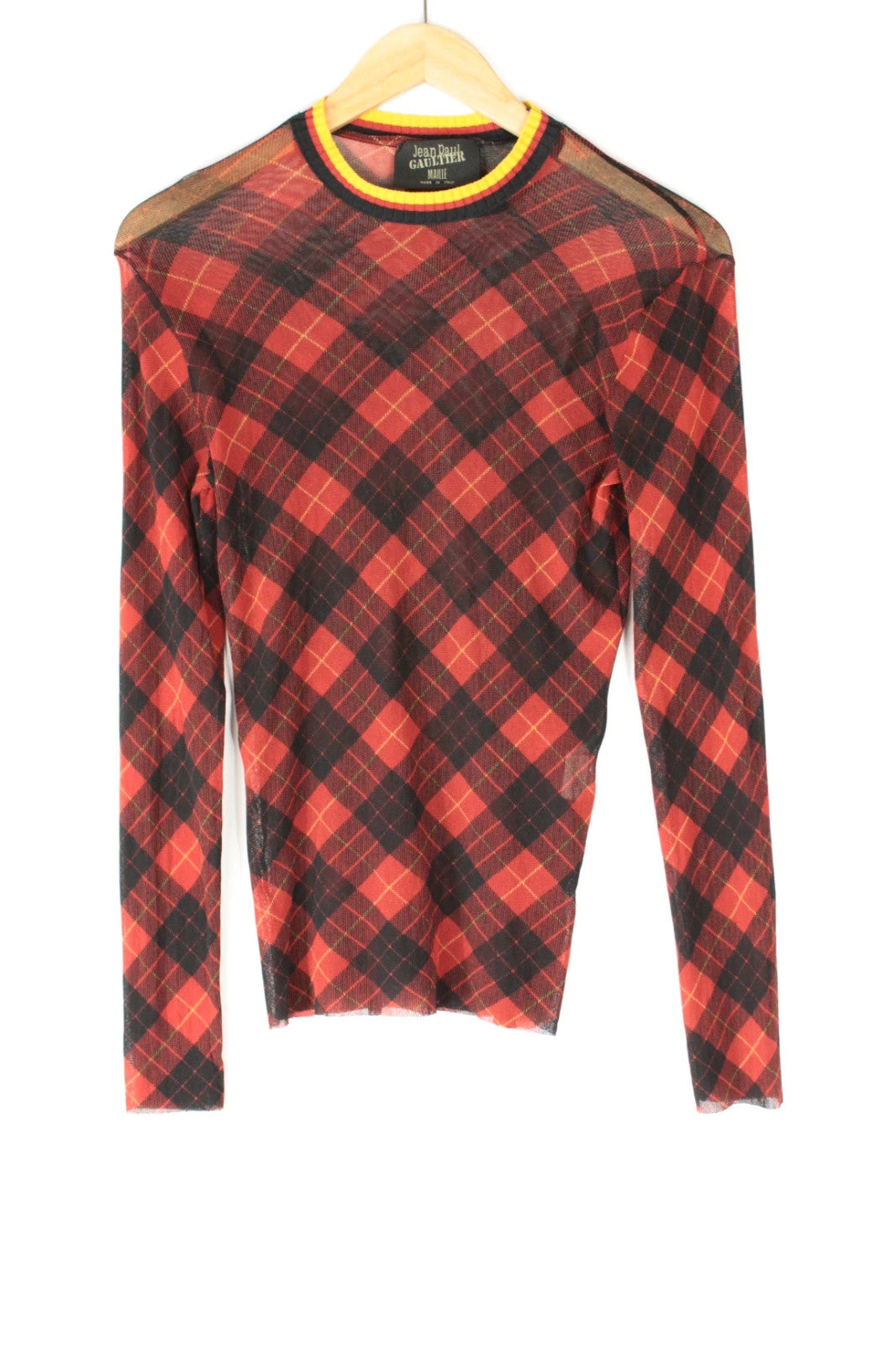 Jean Paul Gaultier black and burgundy sheer mesh top with tartan plaid pattern.