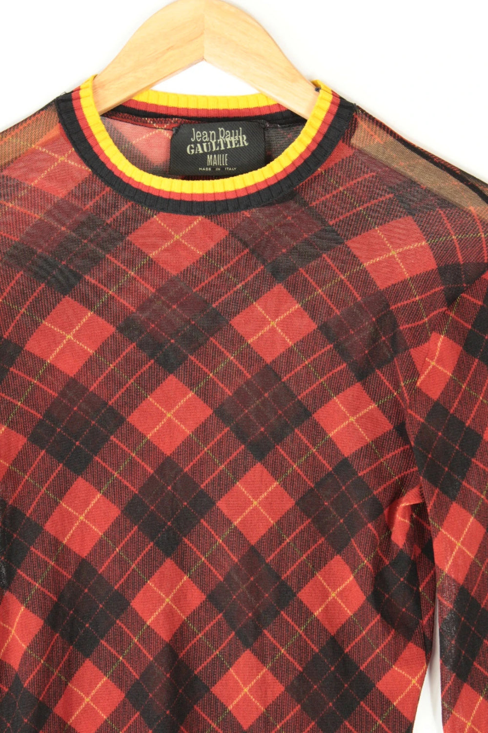 Jean Paul Gaultier black and burgundy sheer mesh top with tartan plaid pattern.