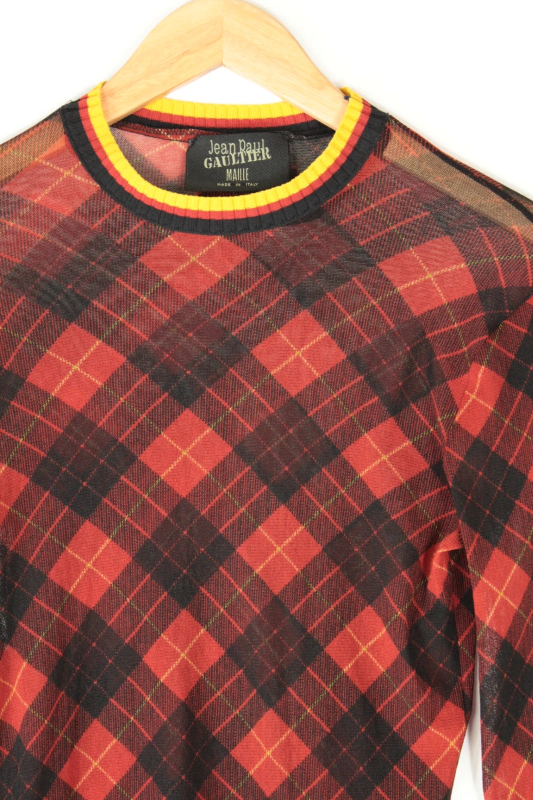 Jean Paul Gaultier black and burgundy sheer mesh top with tartan plaid pattern.