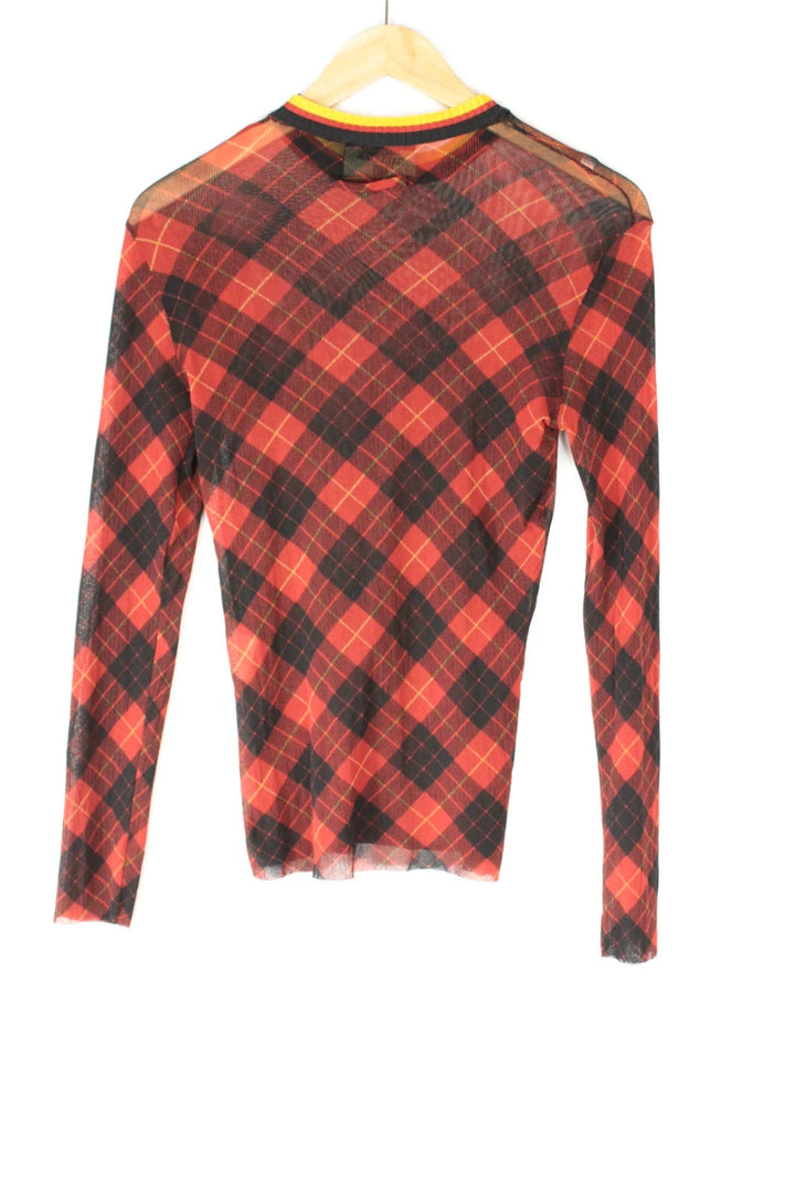 Jean Paul Gaultier black and burgundy sheer mesh top with tartan plaid pattern.