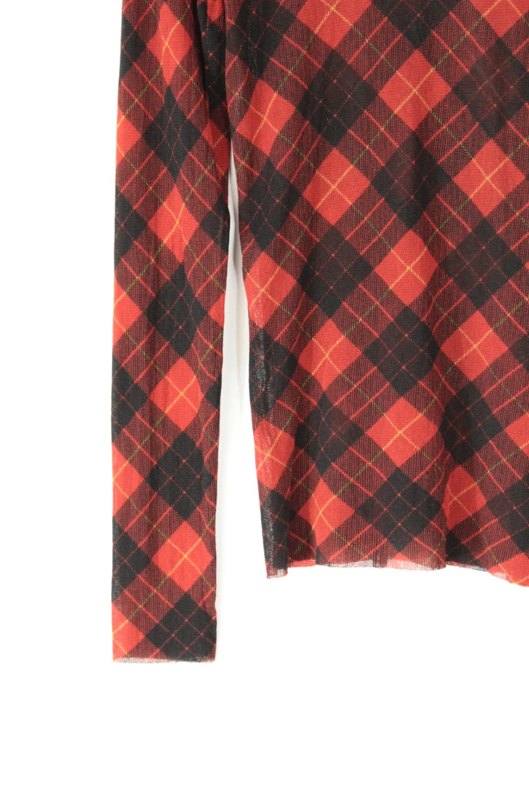 Jean Paul Gaultier black and burgundy sheer mesh top with tartan plaid pattern.