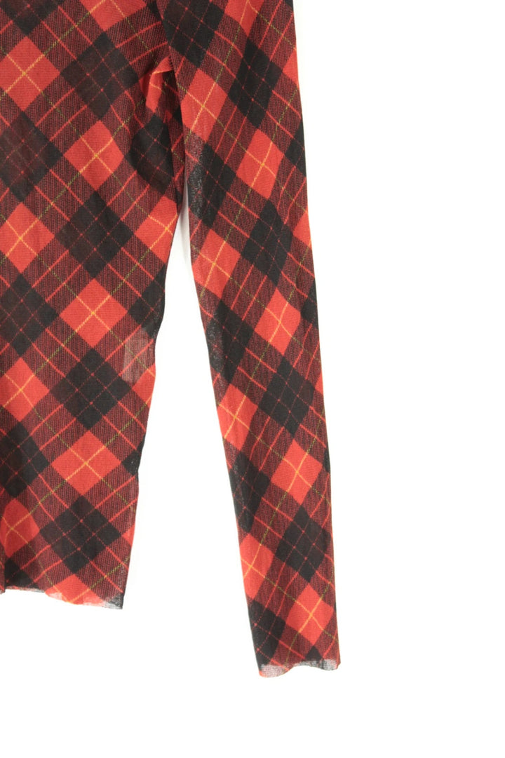 Jean Paul Gaultier black and burgundy sheer mesh top with tartan plaid pattern.