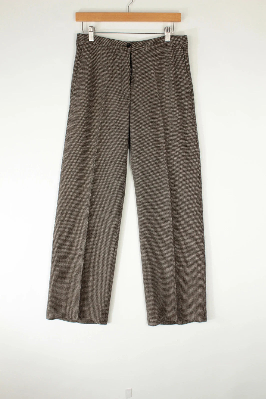 Dries Van Noten beige brown tailored wide-leg trousers with micro-pattern and pressed crease.