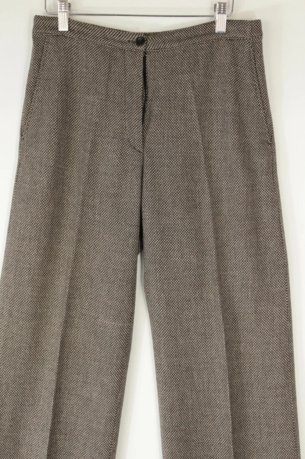 Dries Van Noten beige brown tailored wide-leg trousers with micro-pattern and pressed crease.