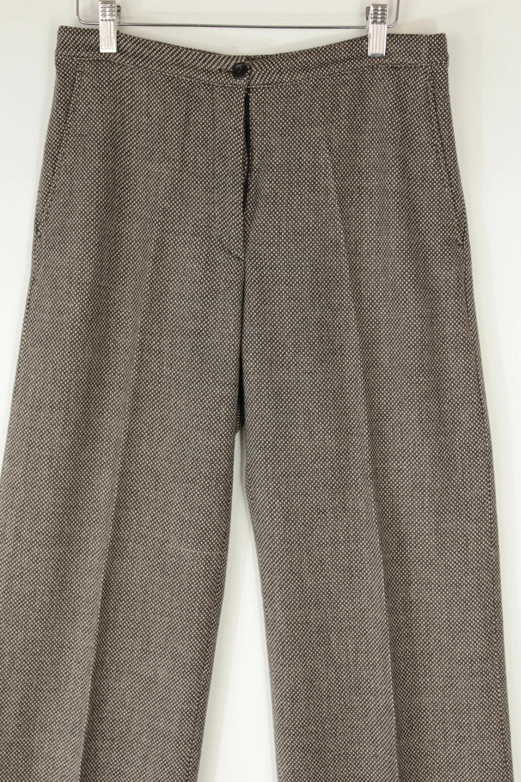 Dries Van Noten beige brown tailored wide-leg trousers with micro-pattern and pressed crease.