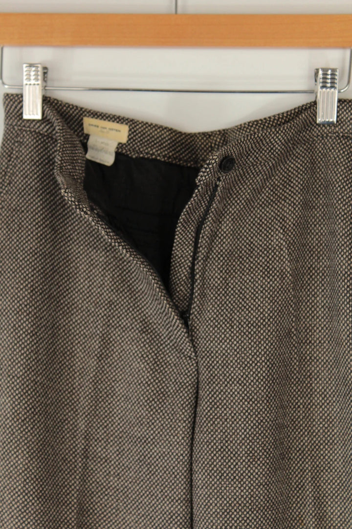 Dries Van Noten beige brown tailored wide-leg trousers with micro-pattern and pressed crease.