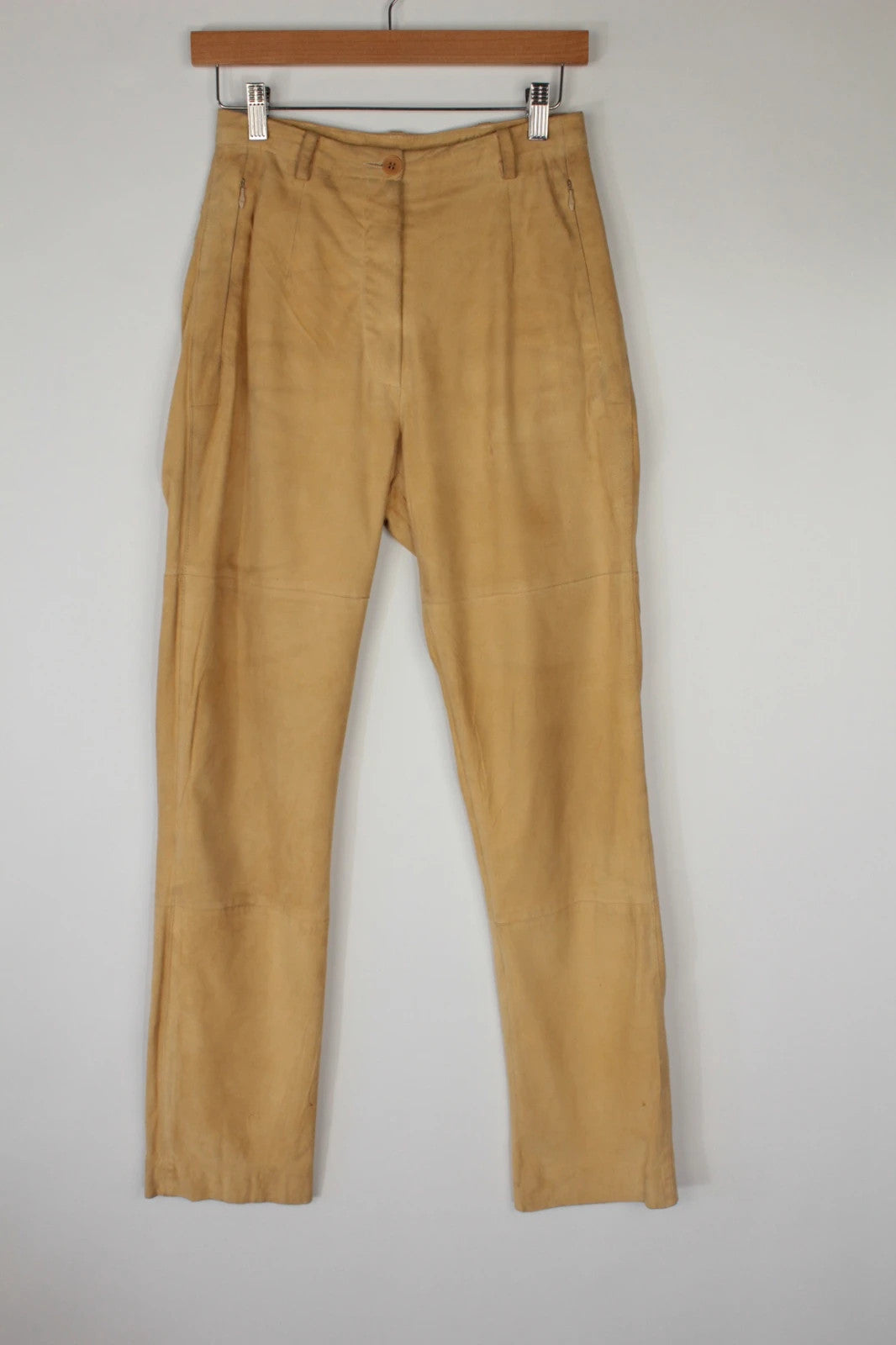 Marc Cain beige suede leather trousers, high-waisted slim-leg, soft texture, vintage condition.