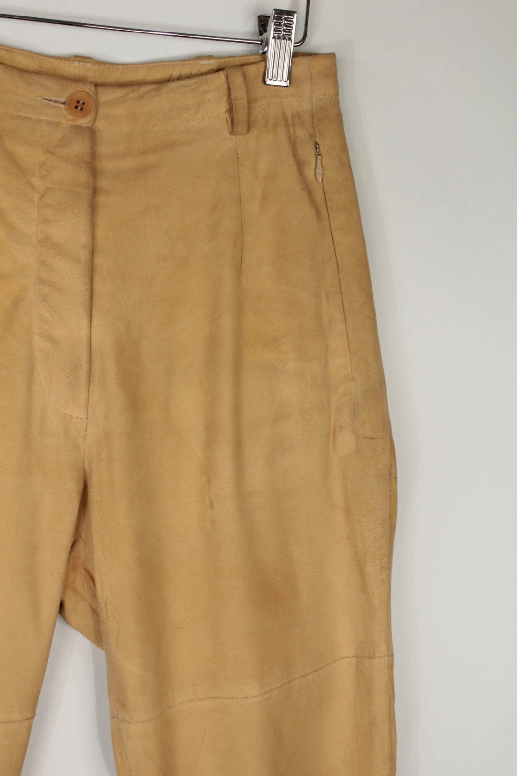Marc Cain beige suede leather trousers, high-waisted slim-leg, soft texture, vintage condition.
