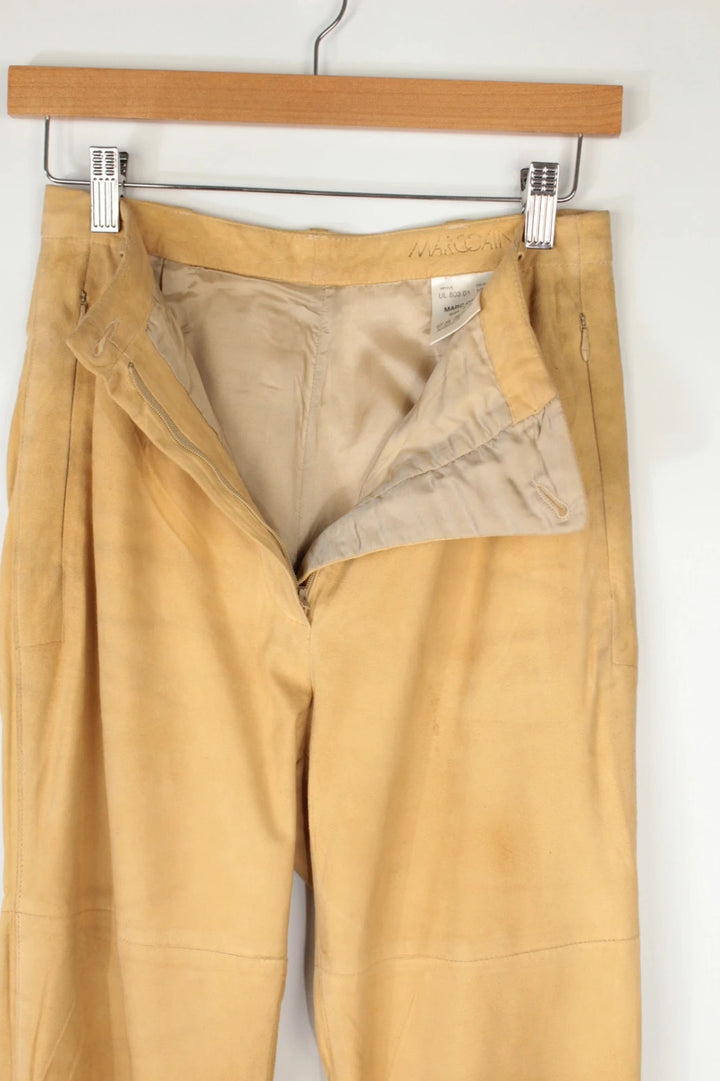 Marc Cain beige suede leather trousers, high-waisted slim-leg, soft texture, vintage condition.