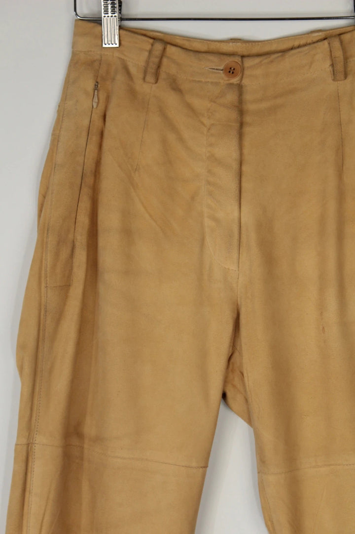 Marc Cain beige suede leather trousers, high-waisted slim-leg, soft texture, vintage condition.