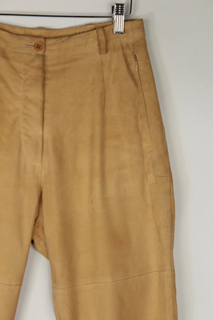 Marc Cain beige suede leather trousers, high-waisted slim-leg, soft texture, vintage condition.