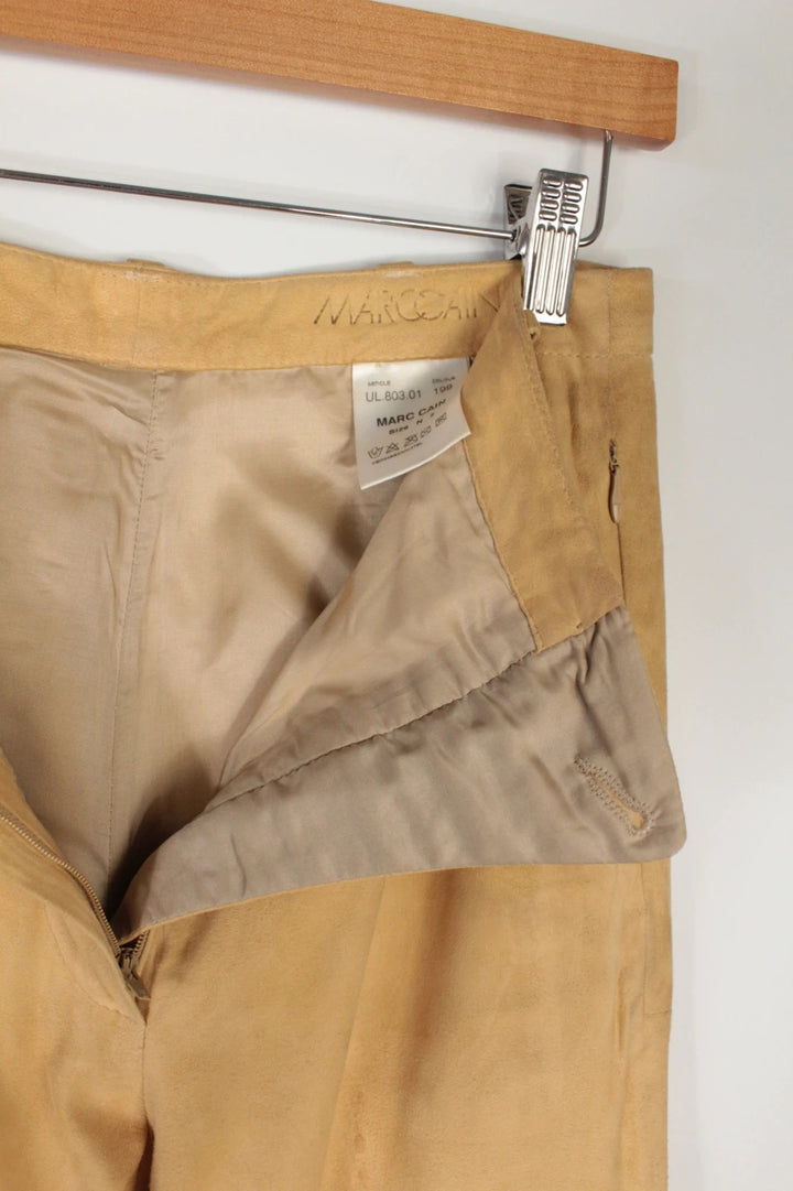 Marc Cain beige suede leather trousers, high-waisted slim-leg, soft texture, vintage condition.