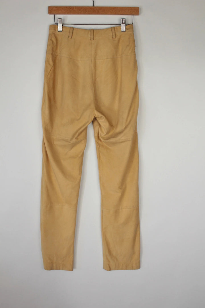 Marc Cain beige suede leather trousers, high-waisted slim-leg, soft texture, vintage condition.