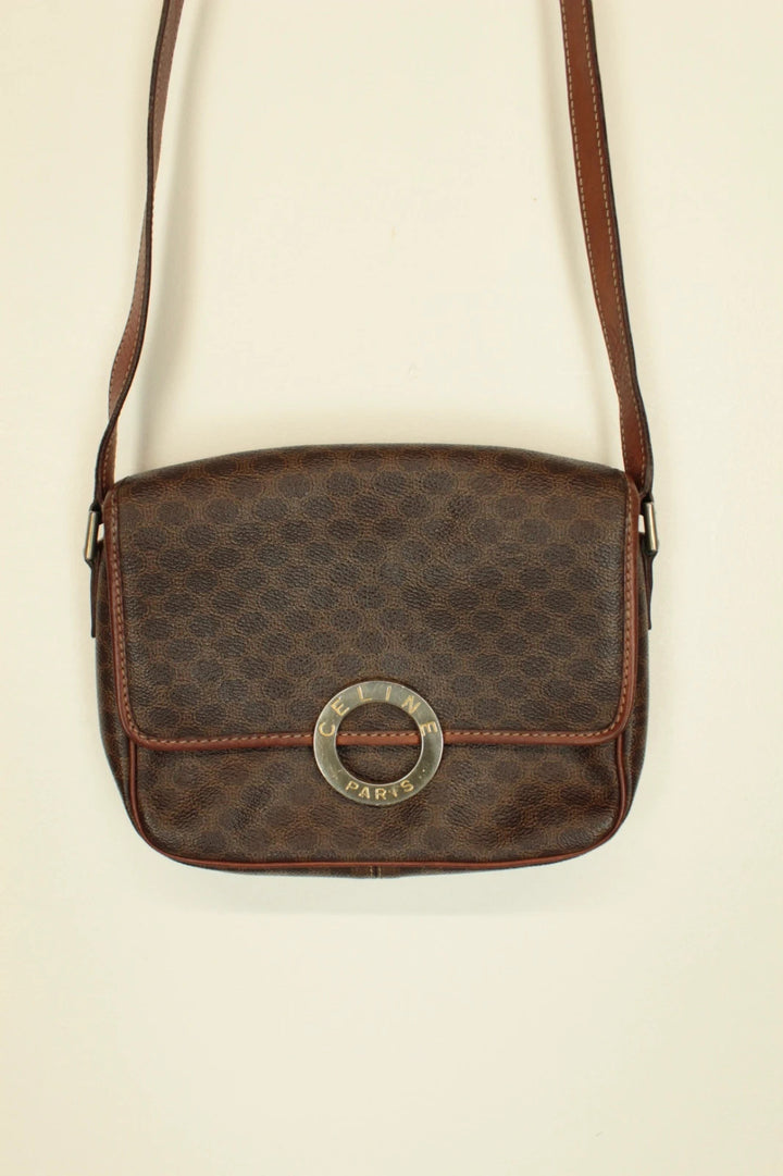 Celine beige and brown vintage leather crossbody bag with silver circle logo and smooth trim.