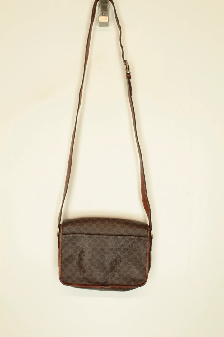Celine beige and brown vintage leather crossbody bag with silver circle logo and smooth trim.