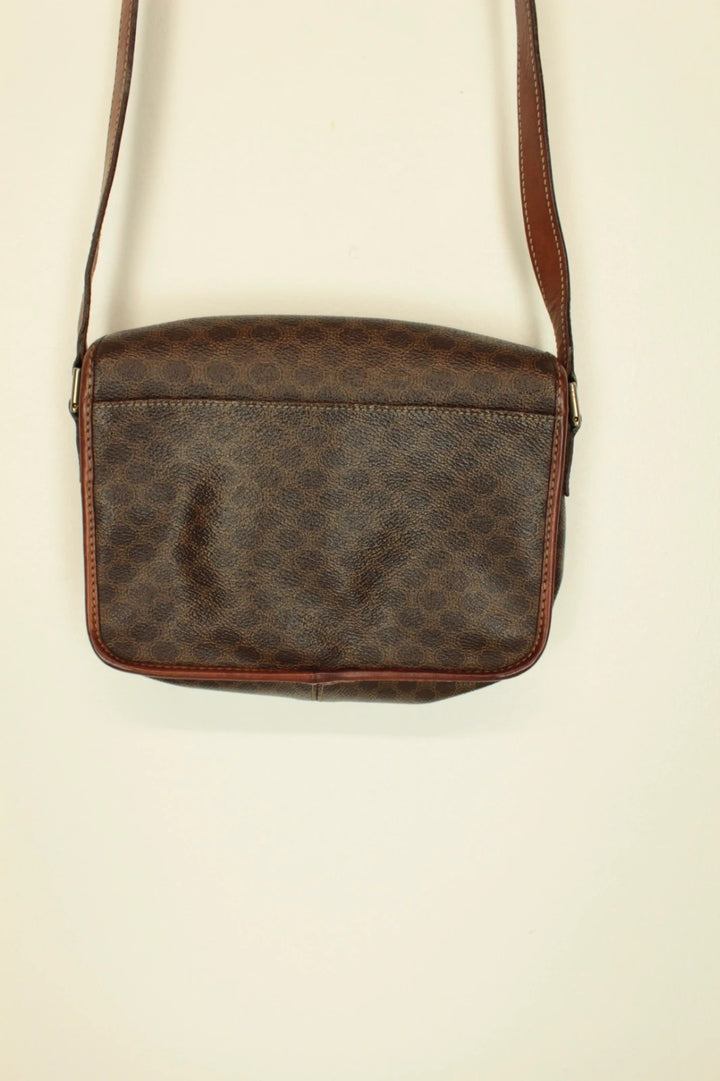Celine beige and brown vintage leather crossbody bag with silver circle logo and smooth trim.