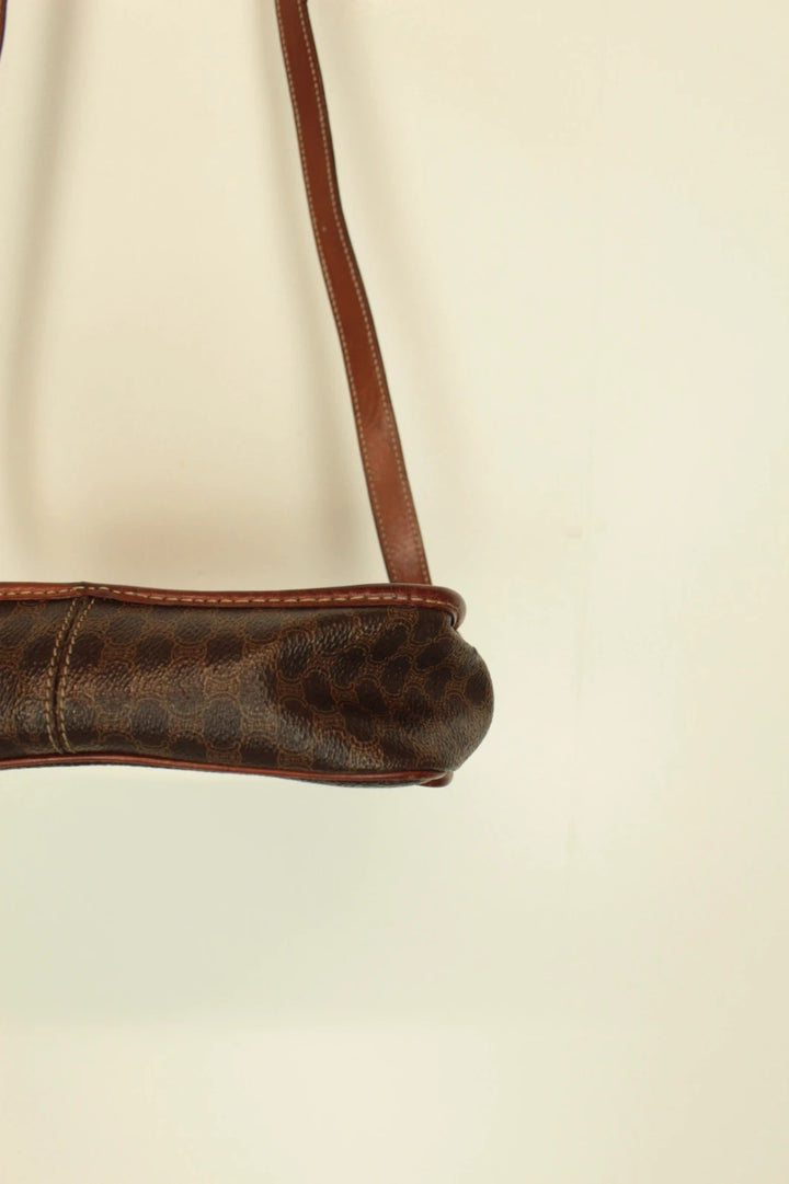 Celine beige and brown vintage leather crossbody bag with silver circle logo and smooth trim.