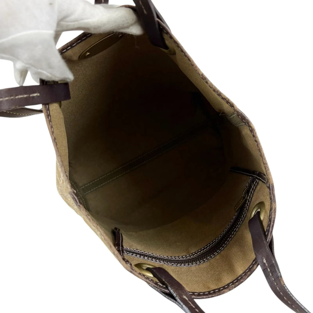 Celine beige and brown tote bag with Triomphe monogram canvas and leather trim.