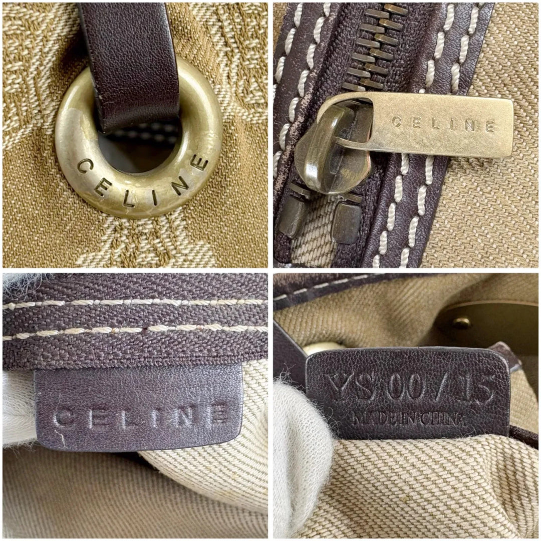 Celine beige and brown tote bag with Triomphe monogram canvas and leather trim.