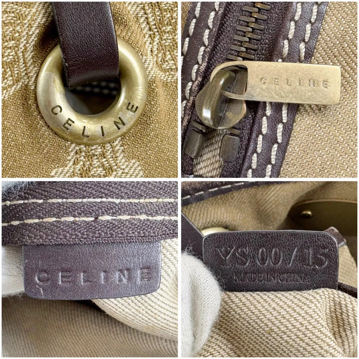 Celine beige and brown tote bag with Triomphe monogram canvas and leather trim.