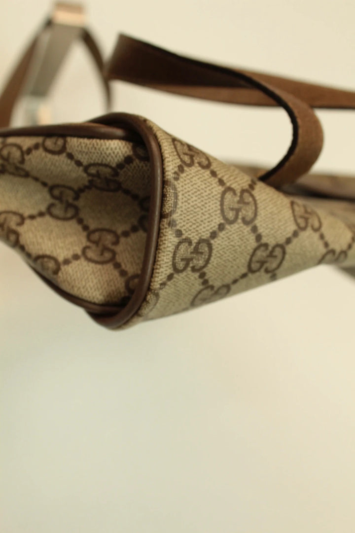 Gucci beige GG Plus Supreme monogram handbag with brown leather trim and gold-tone emblem.