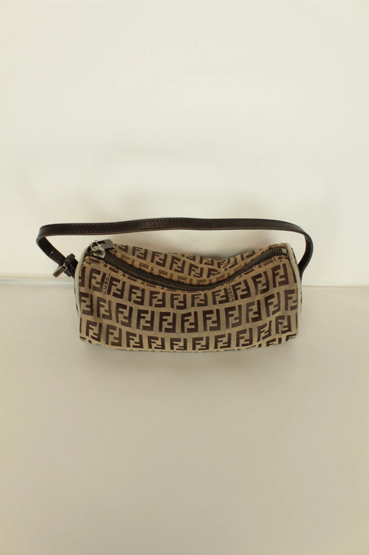 Fendi beige and brown mini cylinder barrel bag with FF monogram jacquard canvas and leather trim.