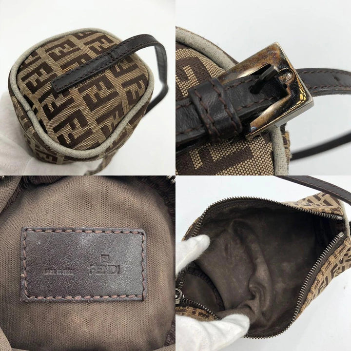 Fendi beige and brown mini cylinder barrel bag with FF monogram jacquard canvas and leather trim.
