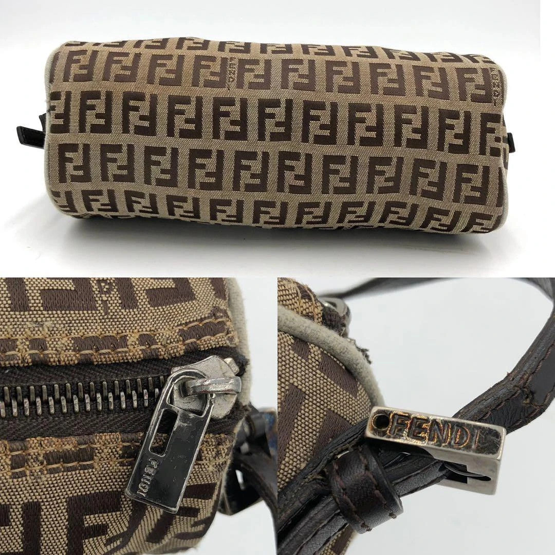 Fendi beige and brown mini cylinder barrel bag with FF monogram jacquard canvas and leather trim.