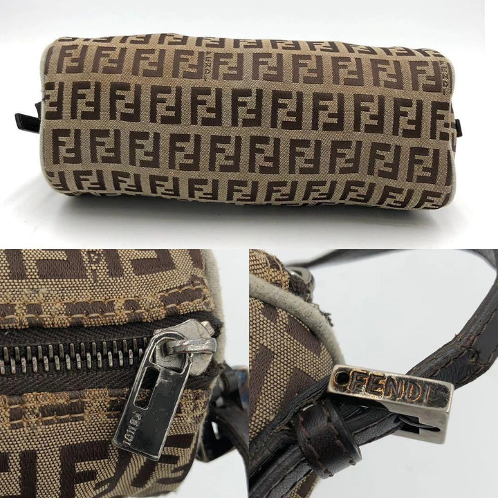 Fendi beige and brown mini cylinder barrel bag with FF monogram jacquard canvas and leather trim.
