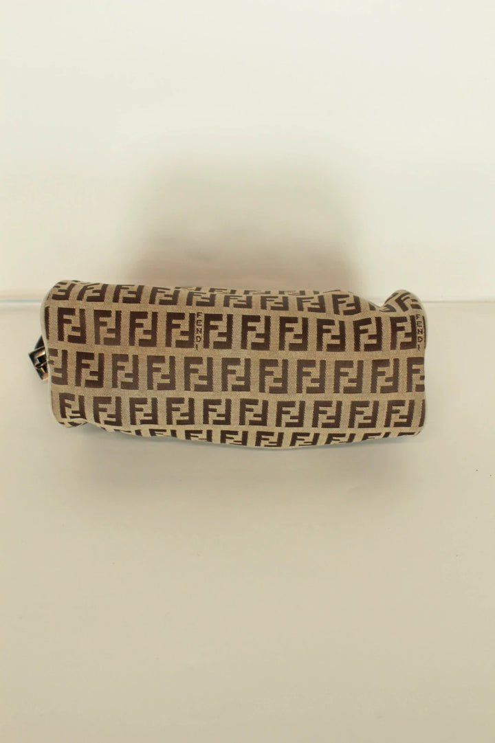 Fendi beige and brown mini cylinder barrel bag with FF monogram jacquard canvas and leather trim.