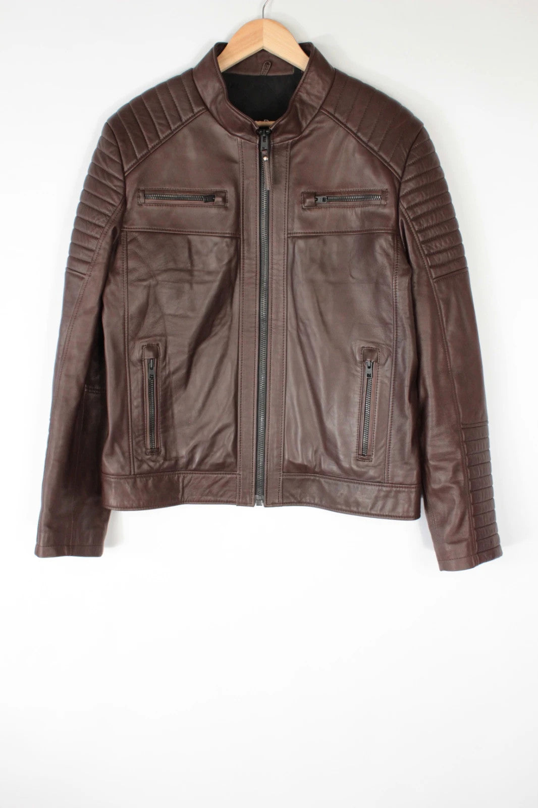 Leather Republic brown biker jacket quilted shoulders genuine leather soft grain hide