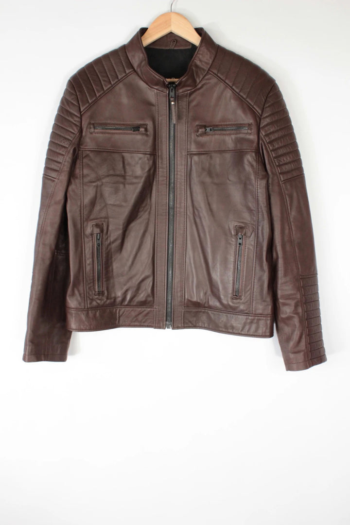 Leather Republic brown biker jacket quilted shoulders genuine leather soft grain hide