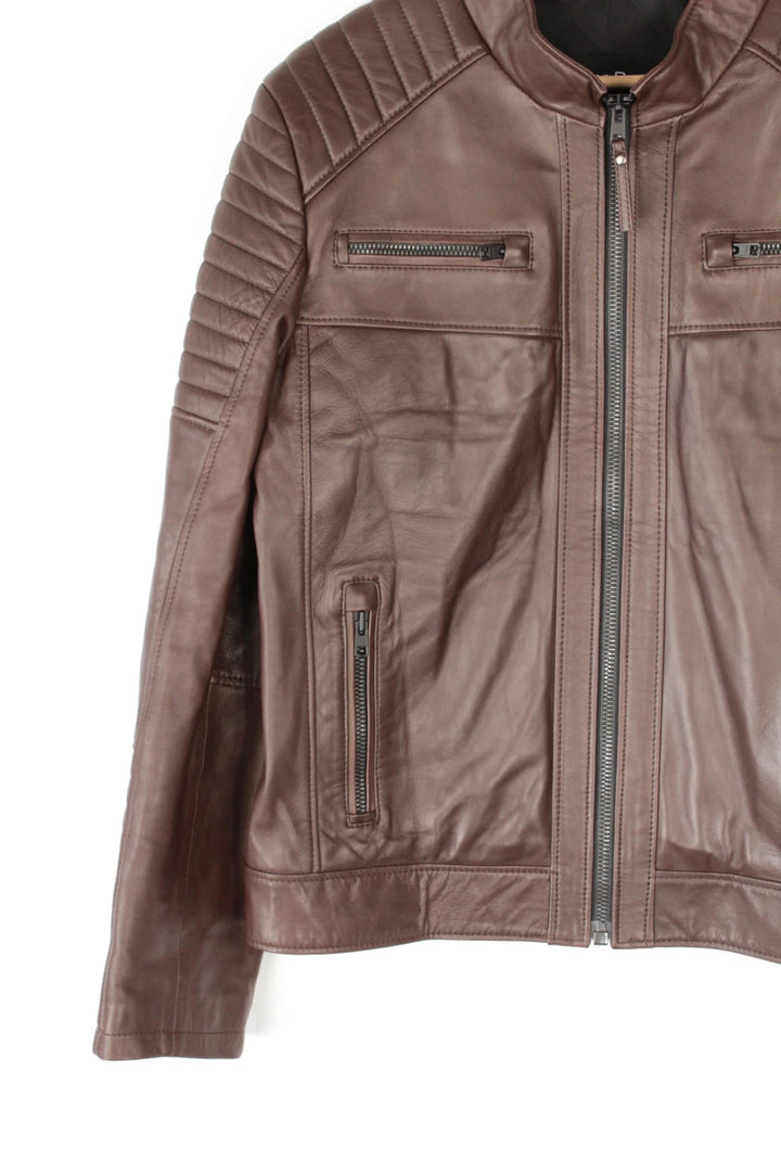 Leather Republic brown biker jacket quilted shoulders genuine leather soft grain hide