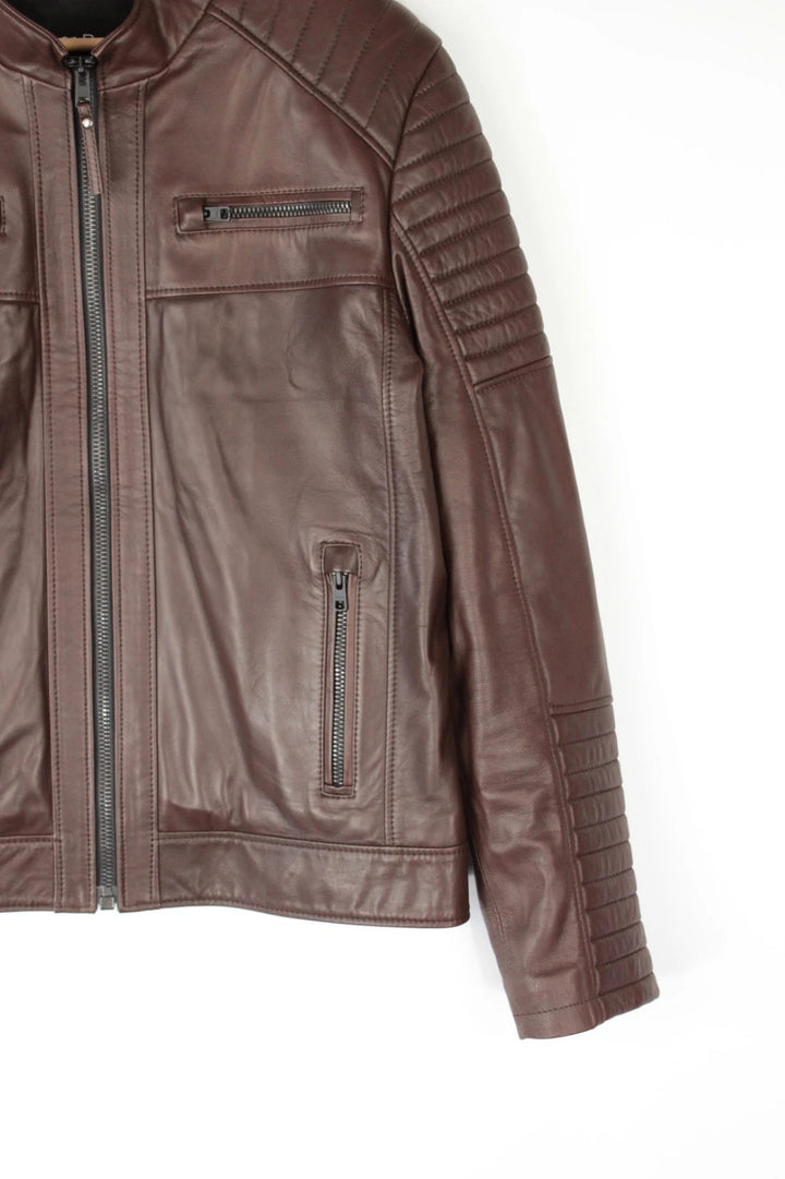 Leather Republic brown biker jacket quilted shoulders genuine leather soft grain hide