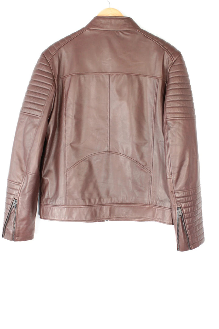 Leather Republic brown biker jacket quilted shoulders genuine leather soft grain hide