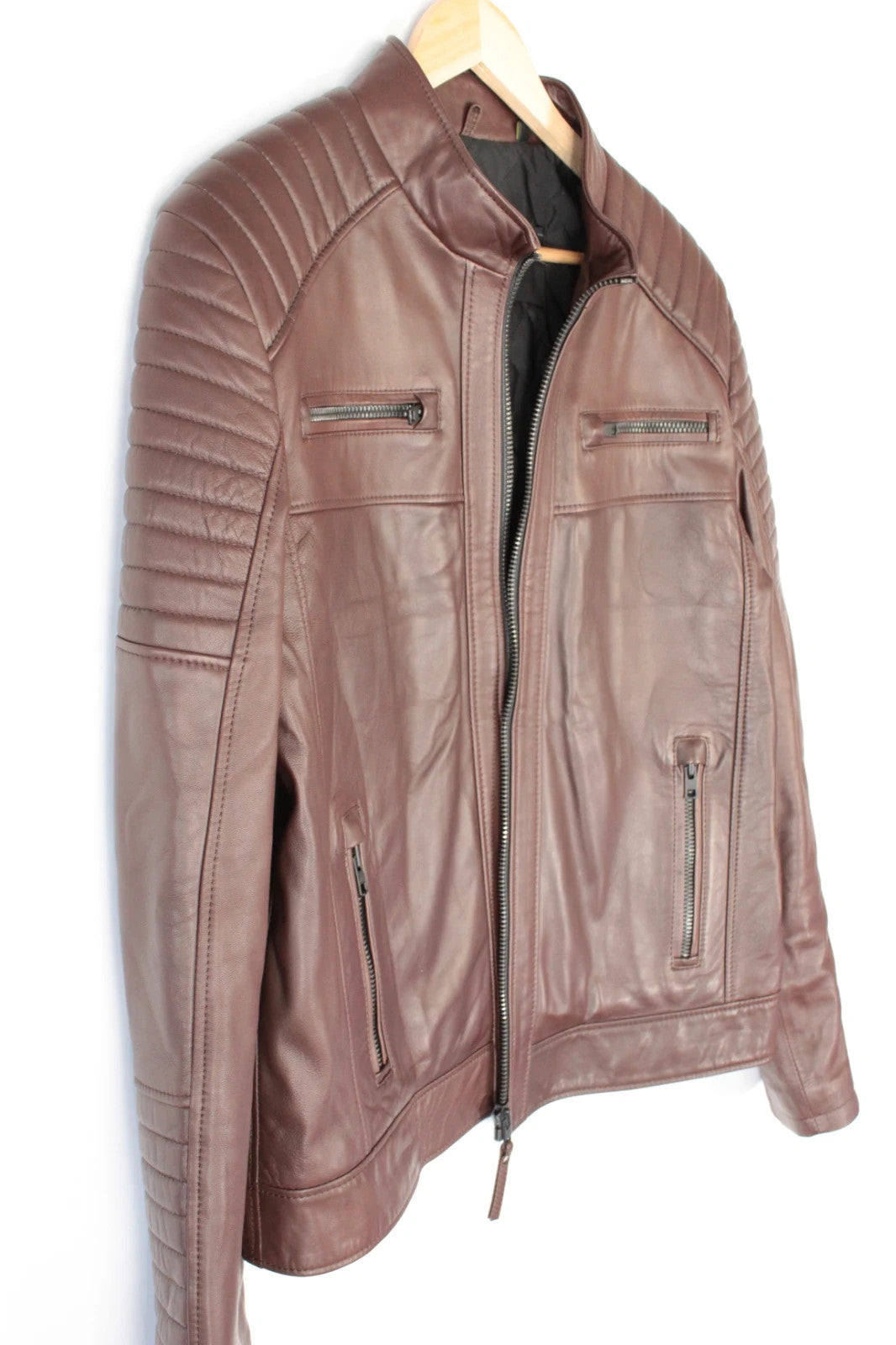 Leather Republic brown biker jacket quilted shoulders genuine leather soft grain hide