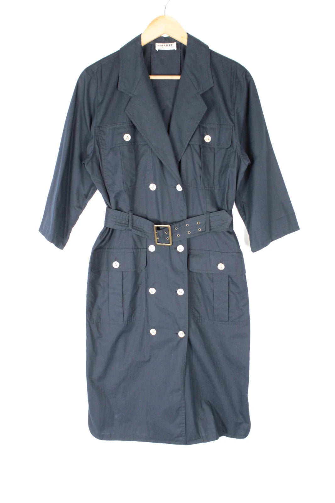 La Mode Smarti Style navy trench dress, double-breasted, with matching belt and white buttons.