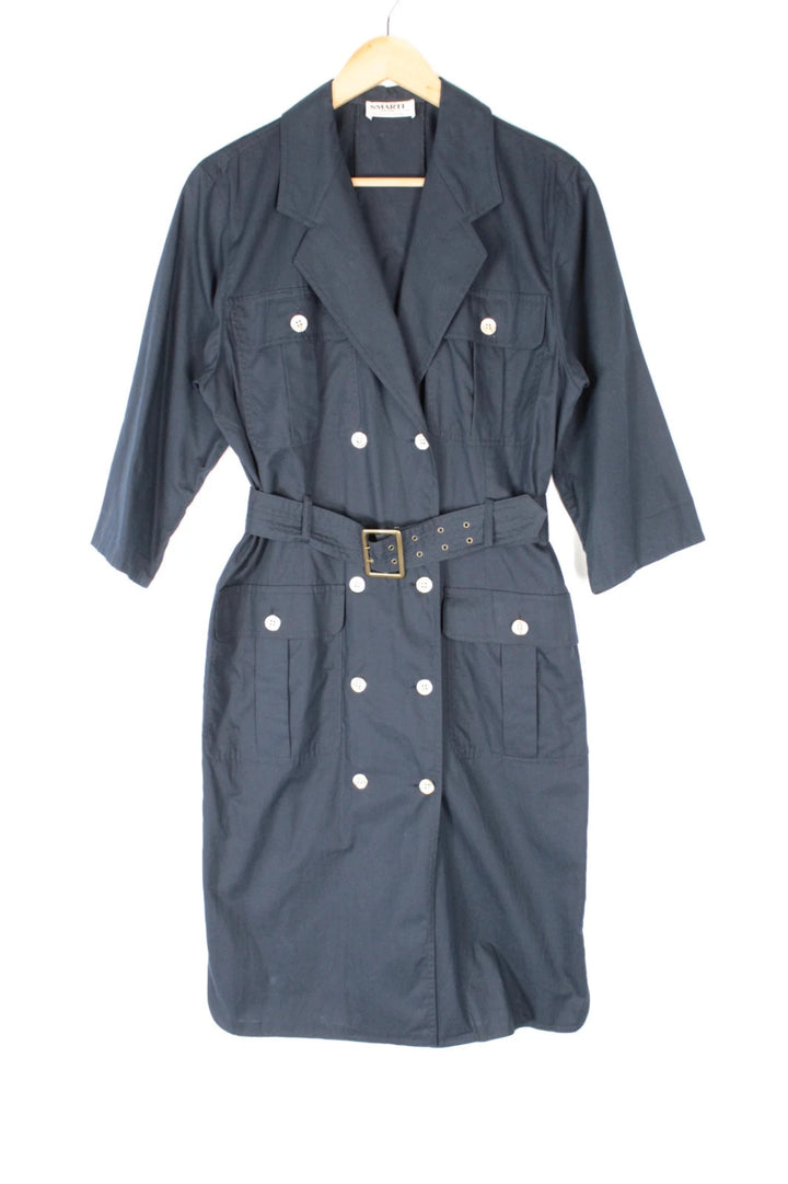 La Mode Smarti Style navy trench dress, double-breasted, with matching belt and white buttons.