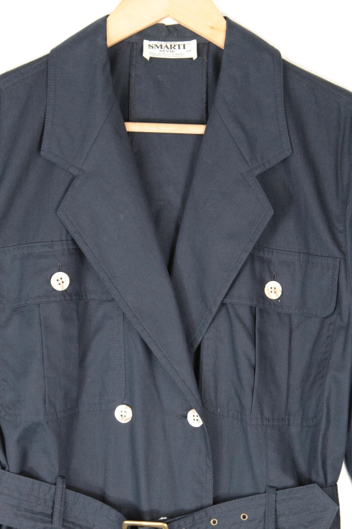 La Mode Smarti Style navy trench dress, double-breasted, with matching belt and white buttons.