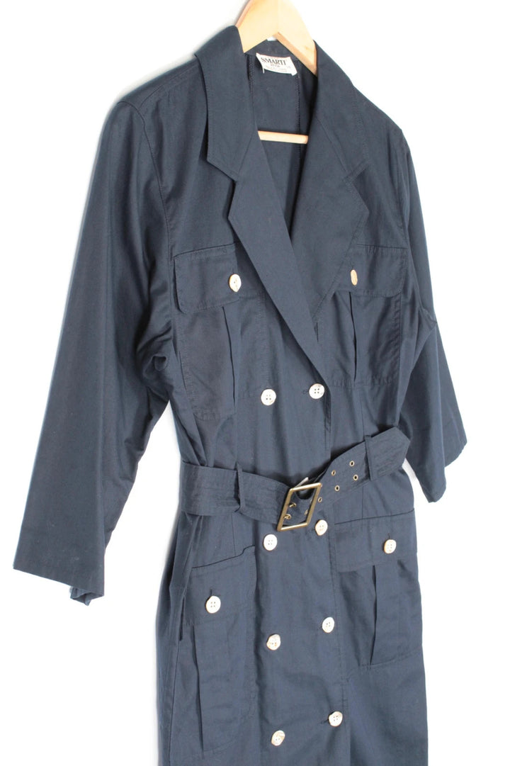 La Mode Smarti Style navy trench dress, double-breasted, with matching belt and white buttons.