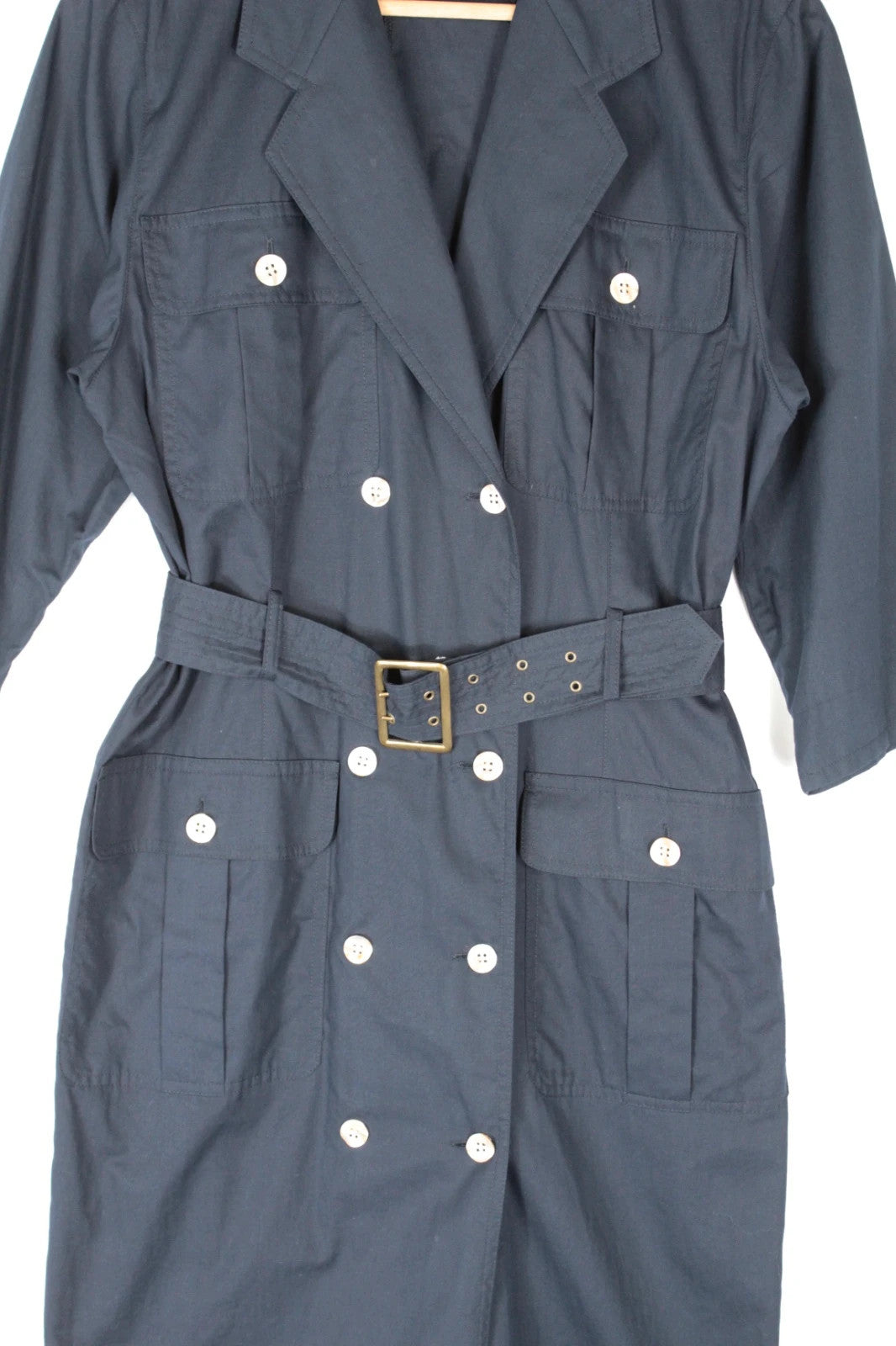 La Mode Smarti Style navy trench dress, double-breasted, with matching belt and white buttons.