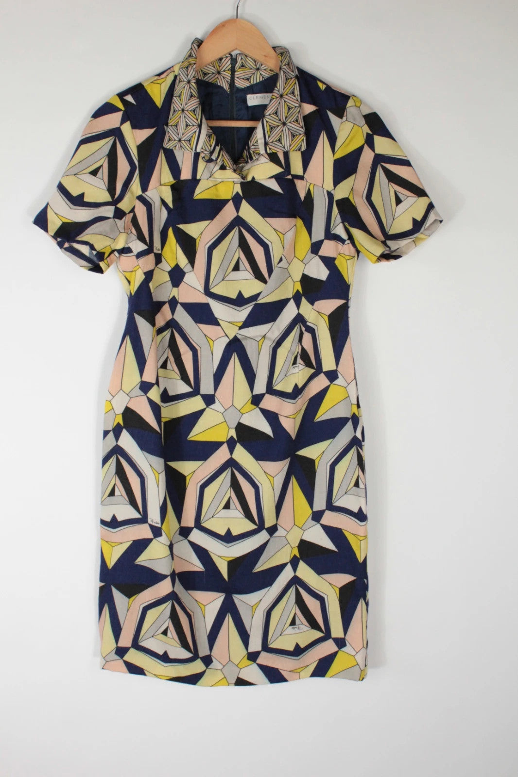 Vintage Dressing multi linen maxi dress with 1960s geometric pattern and structured silhouette.