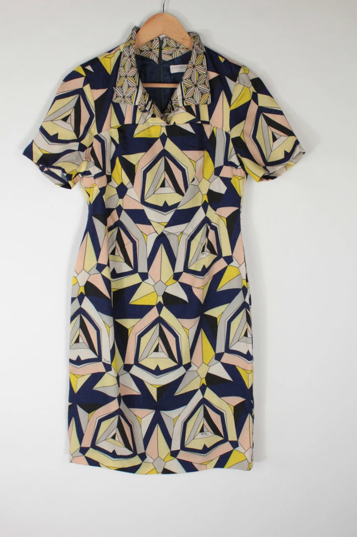 Vintage Dressing multi linen maxi dress with 1960s geometric pattern and structured silhouette.